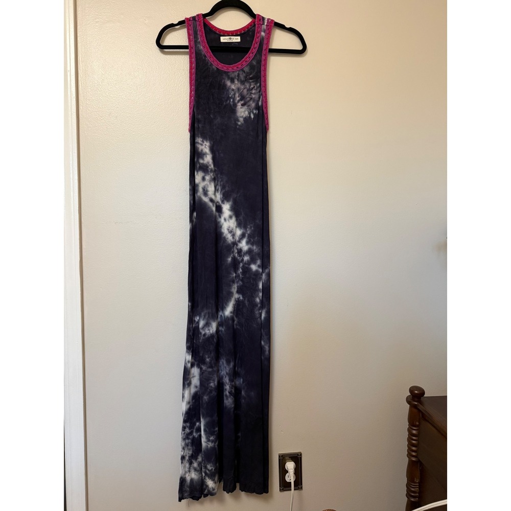 Natural Life Tie Dye Maxi Dress Navy Pink Crochet Trim Racerback Pockets XS/S